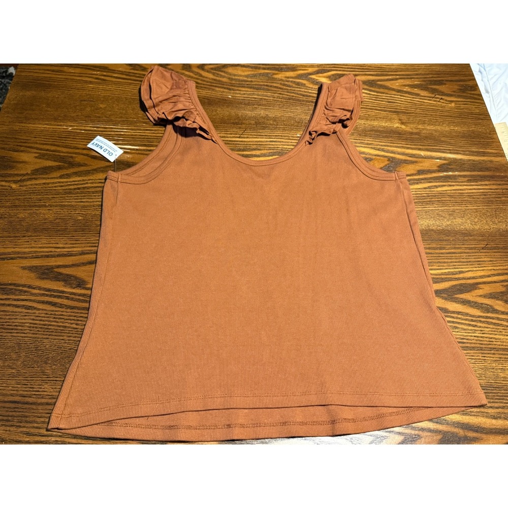 New Old Navy Womens 2X Ribbed Ruffle trim Knit Tank Top Plus Size Chestnut brown - Picture 11 of 15